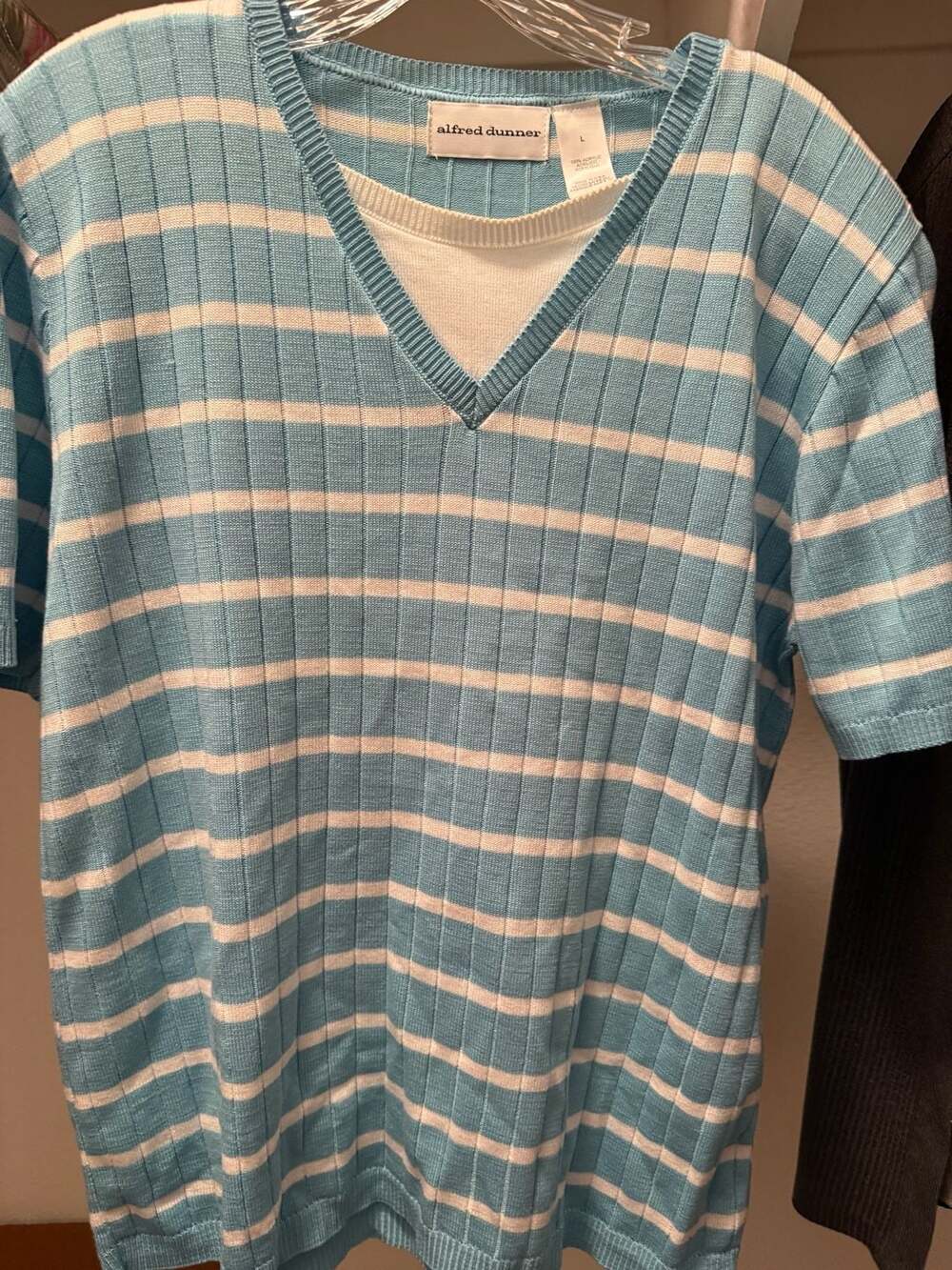Alfred Dunner Striped V-Neck Sweater Size L Blue White